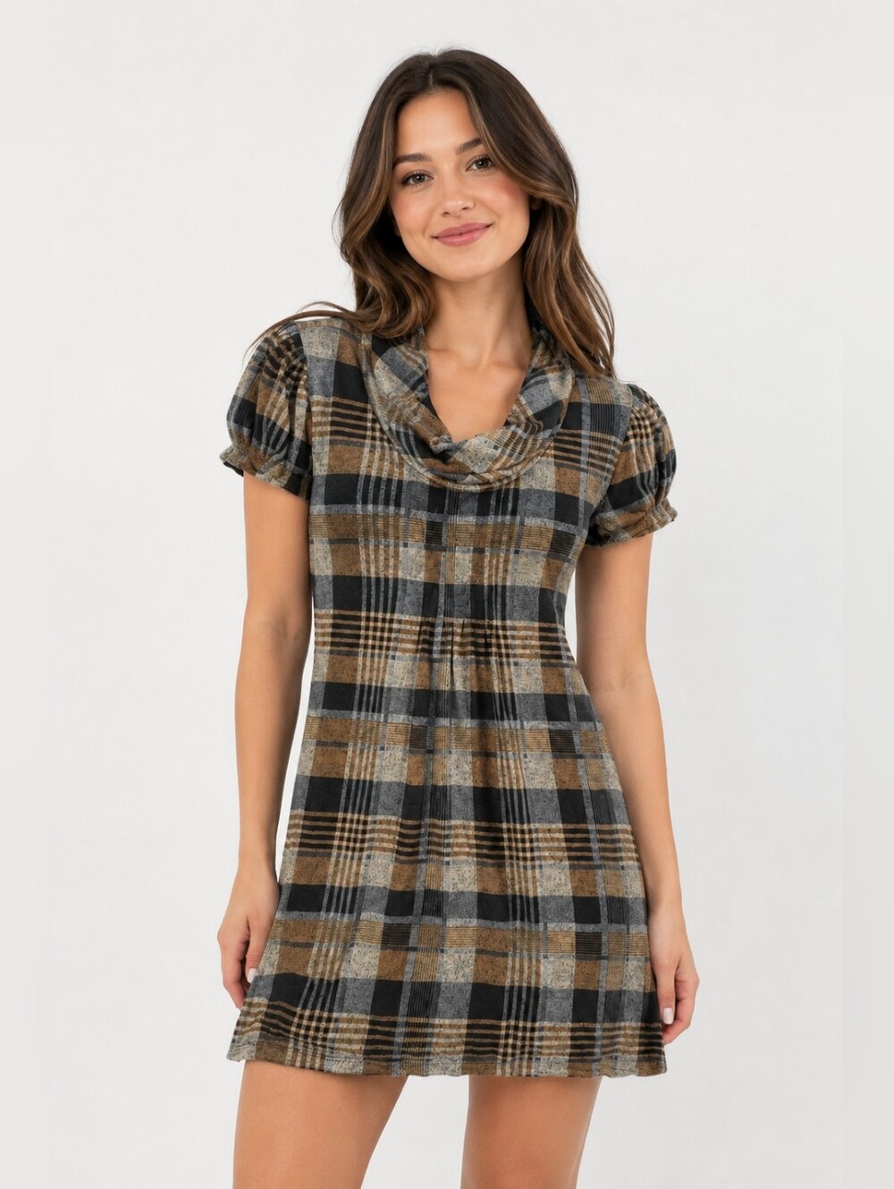 Jessica Howard Womens Plaid Cowl Neck Sweater Dress Size Petite Medium EUC